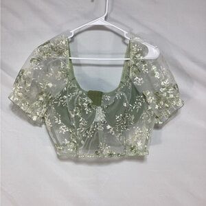 ROMWE Green Floral Sheer Blouse